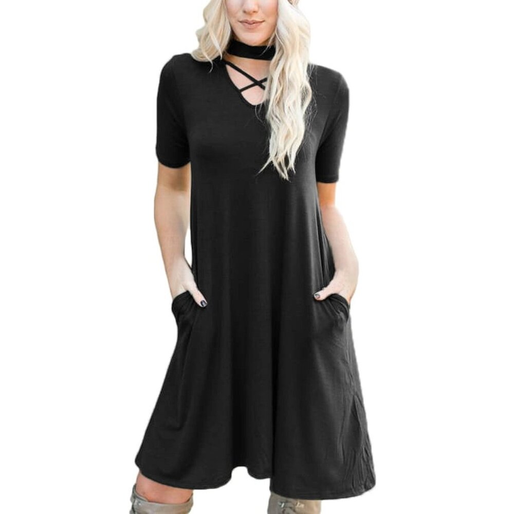 Casual Short-Sleeved  Crisscross Choker Neckline with Side  Pockets A-line Dress